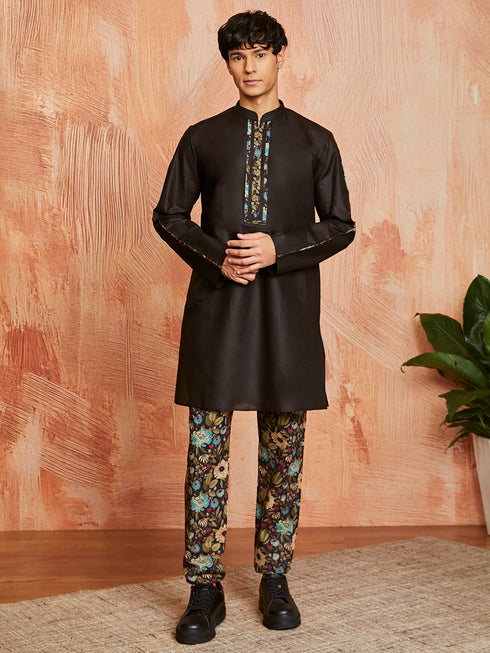 Men's Black Cotton Jacket Kurta And Pyjama Set